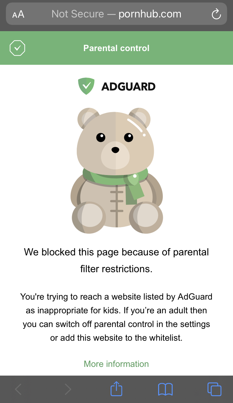 AdGuard block page: the site was blocked because of parental control restrictions