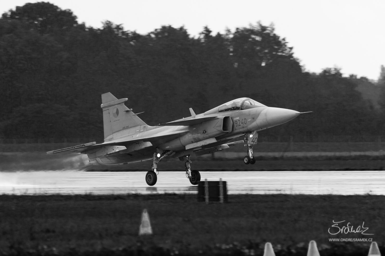 JAS-39C Gripen A JAS-39C Gripen fighter on the runway, black and white photograph