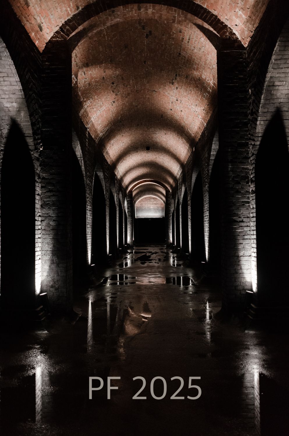 New Year's greeting PF 2025: a symmetrical vaulted corridor with an arched ceiling in dim light