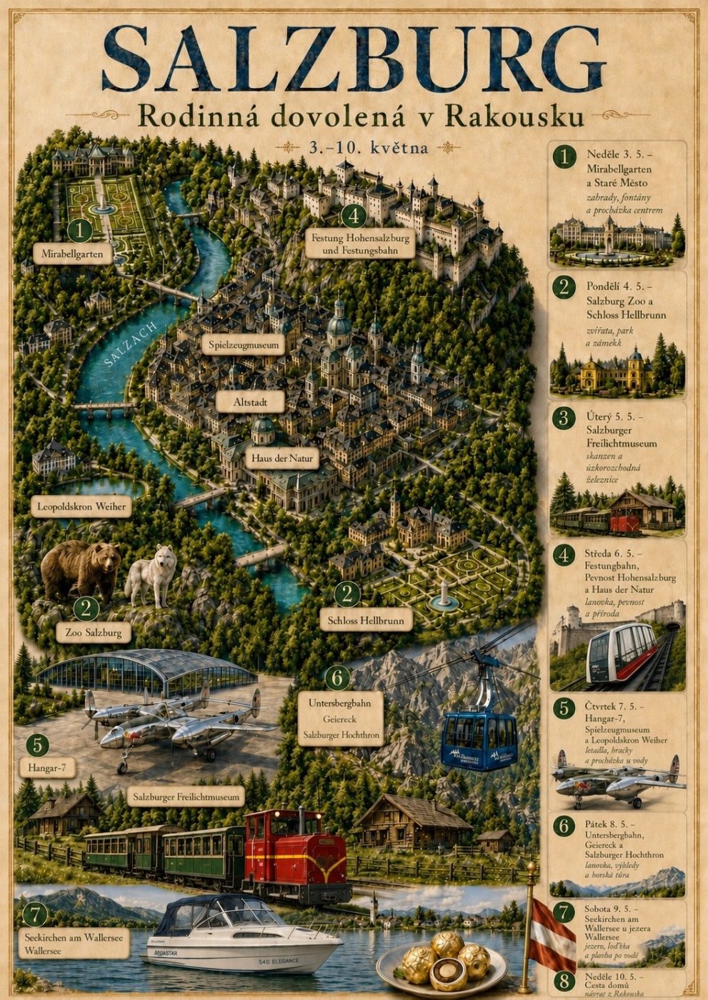 Ilustrovaná mapa Salzburgu a okolí, vytvořená pomocí ChatGPT