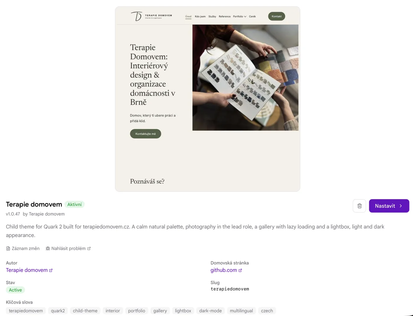 Hotový balíček v Adminu: verze, popis a nastavení. Theme Terapie domovem ve verzi 1.0.47 v Admin rozhraní Gravu